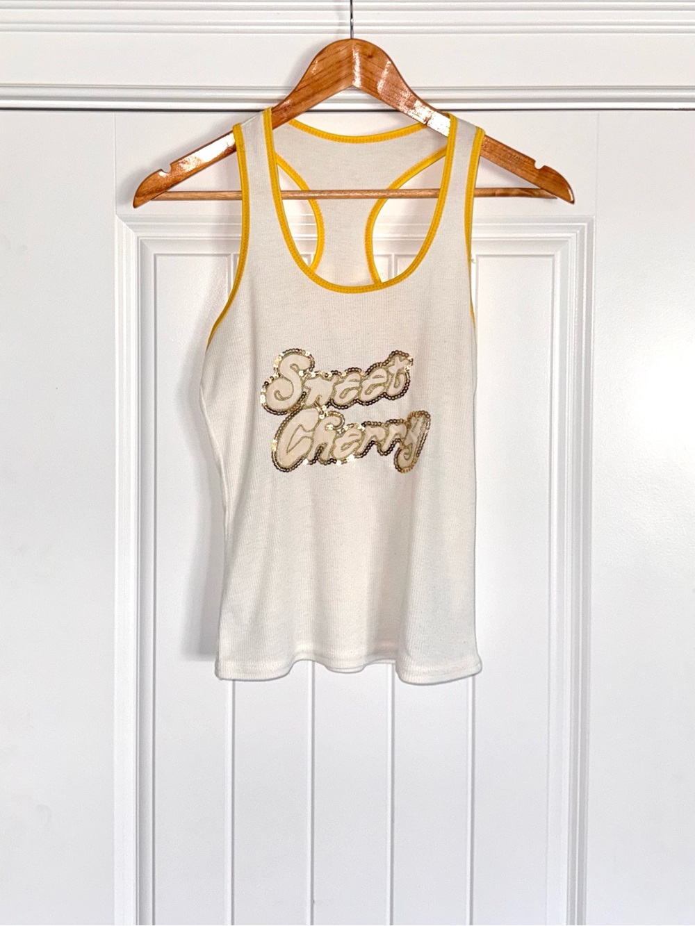 Sweet Cherry Sequin Tank Top in White with Yellow Trim